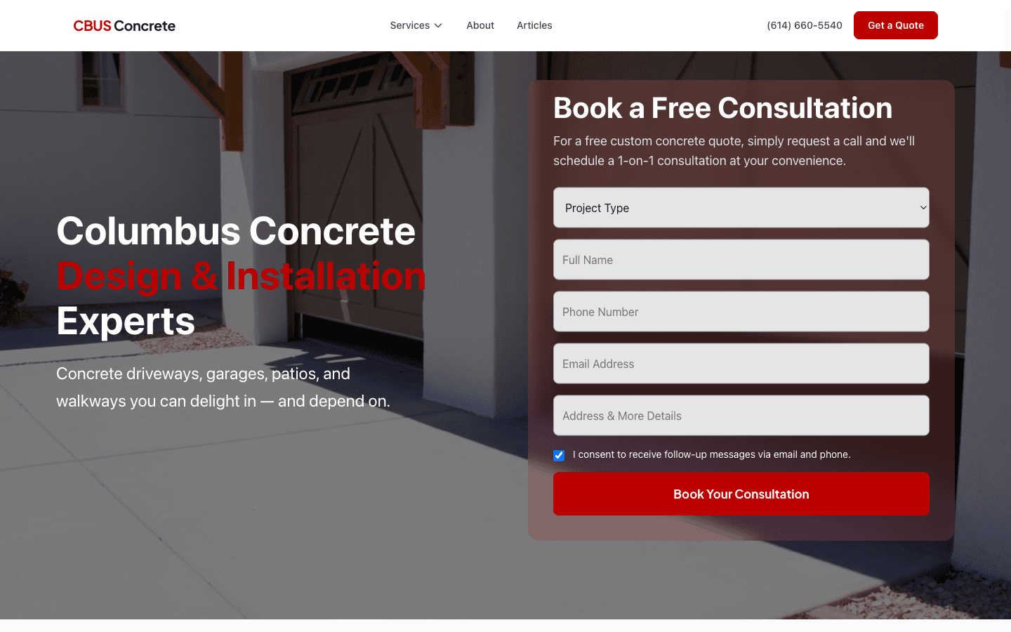 Screenshot of CBUS Concrete website — Residential concrete company in Columbus, OH
