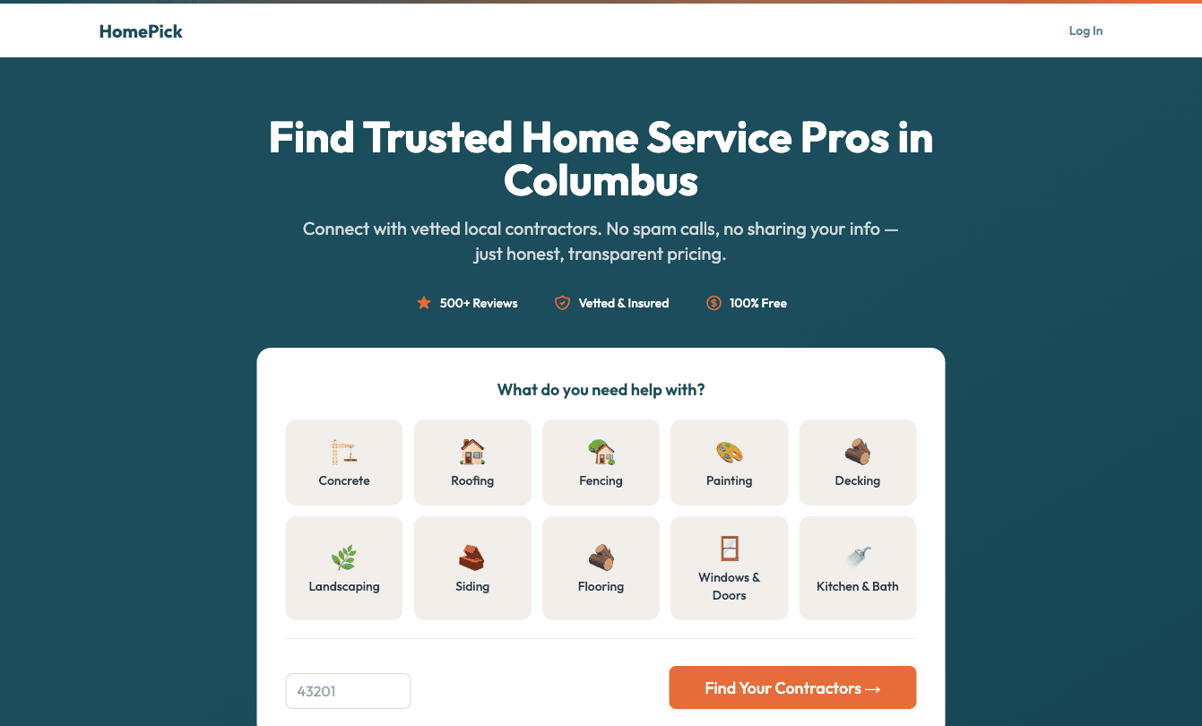Screenshot of HomePick website — Contractor marketplace in Columbus, OH