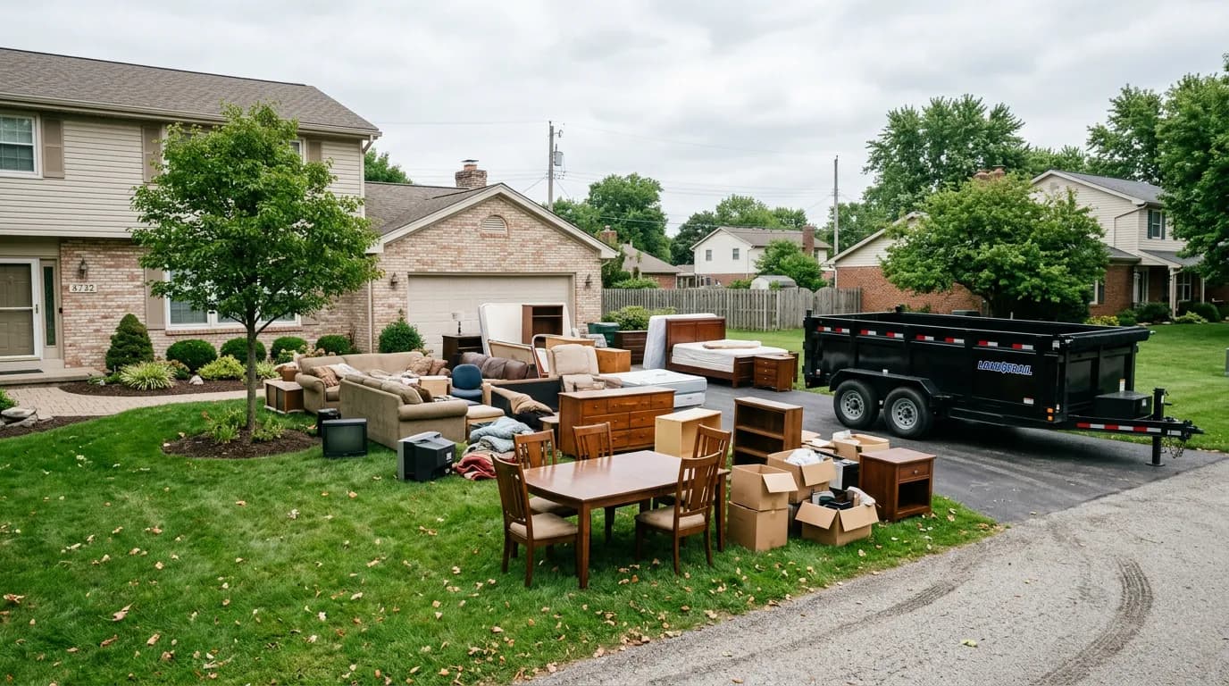 A full estate cleanout with furniture staged on the front lawn next to a Donkey Dumpster trailer