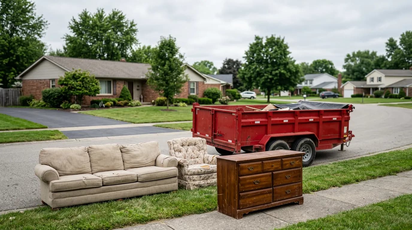 A couch, armchair, and dresser at the curb next to a red Donkey Dumpster trailer